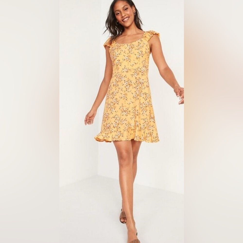 Old Navy Yellow Floral Mini Dress Smocked Back Ruffle Sleeve XL NWT